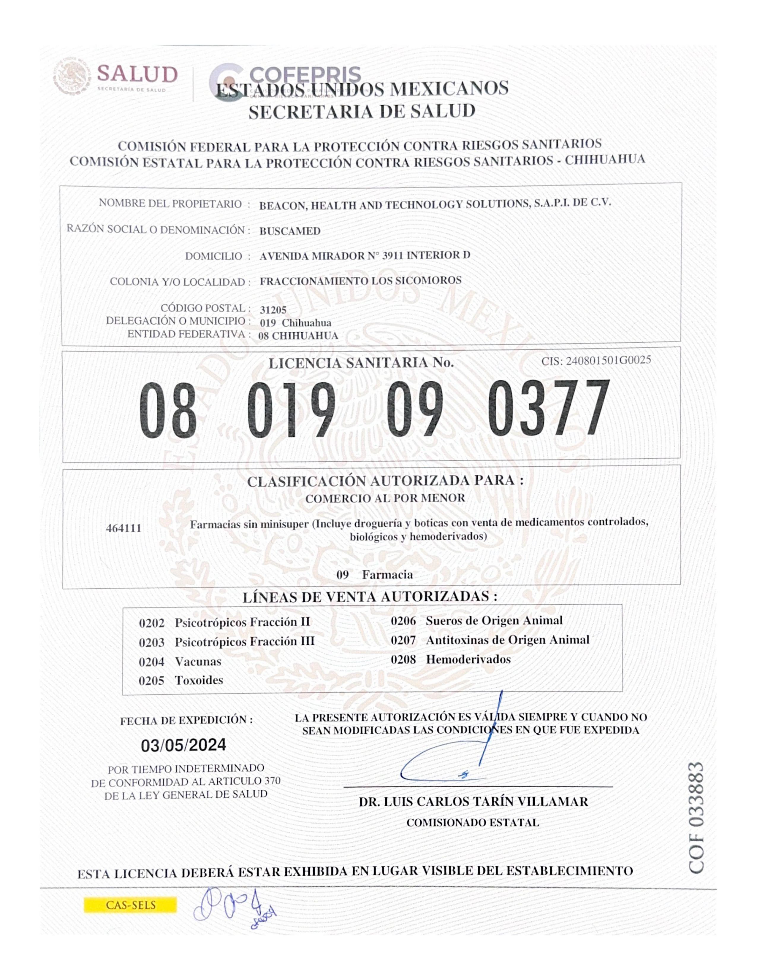 Licencia Sanitaria de COFEPRIS - Página 1